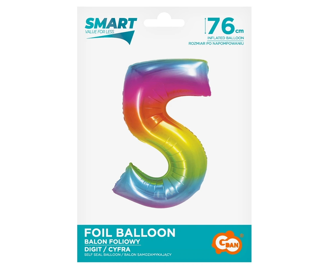 Balon foliowy Smart, Cyfra 5, tęczowa, 76 cm
