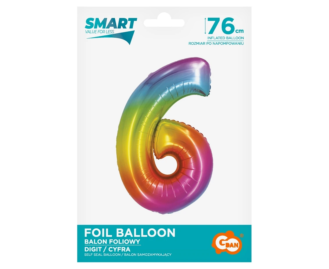 Balon foliowy Smart, Cyfra 6, tęczowa, 76 cm