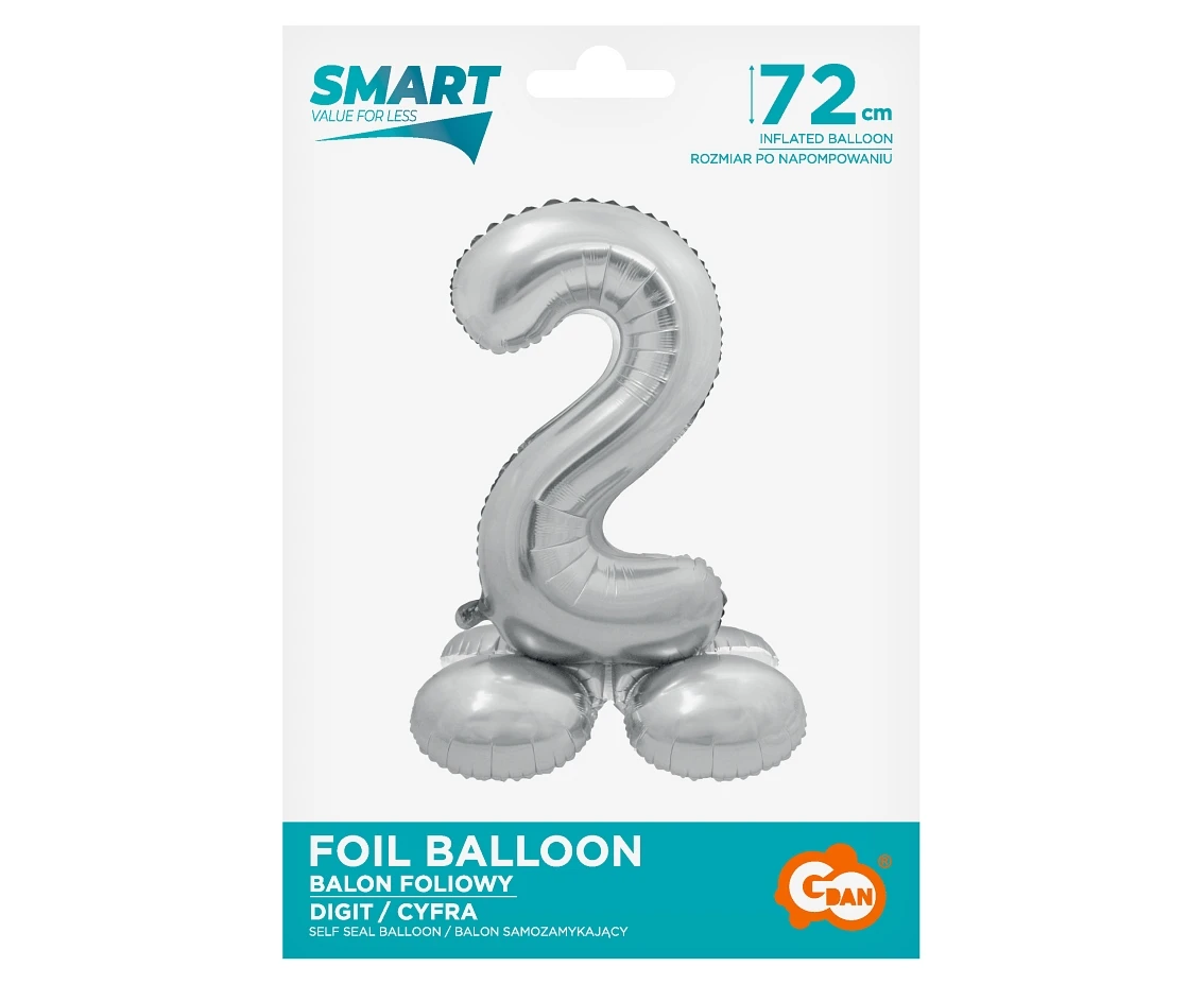 Balon foliowy Smart, Cyfra stojąca 2, srebrna, 72 cm KK