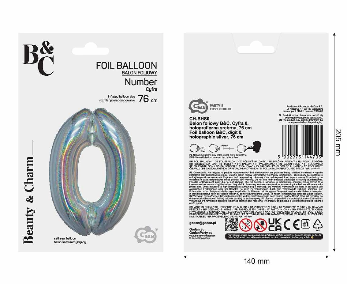 Balon foliowy B&C, Cyfra 0, holograficzna srebrna, 76 cm KK