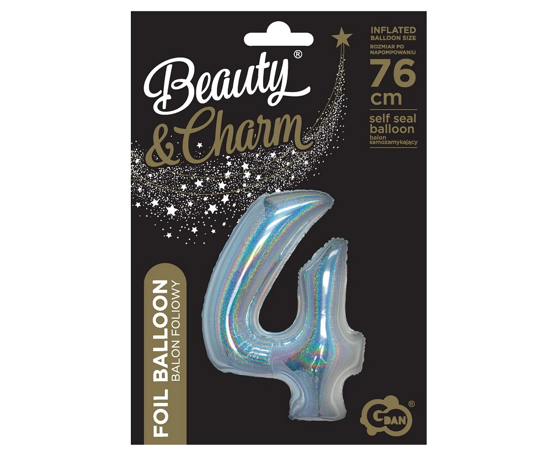 Balon foliowy B&C, Cyfra 4, holograficzna srebrna, 76 cm KK