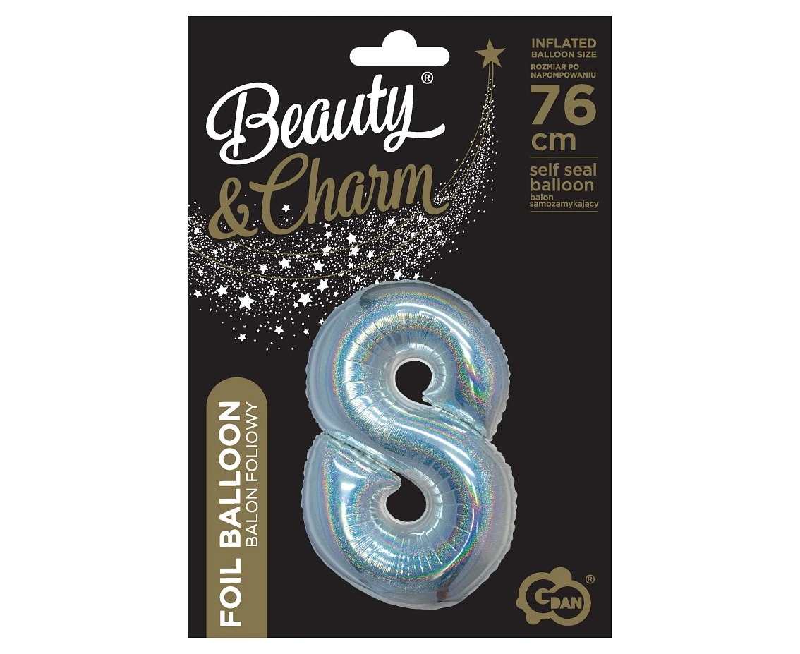 Balon foliowy B&C, Cyfra 8, holograficzna srebrna, 76 cm KK