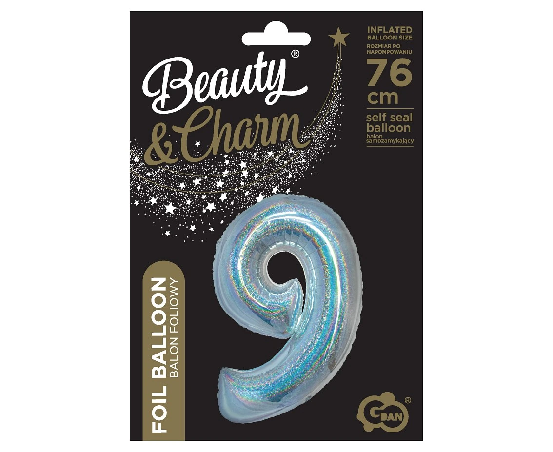 Balon foliowy B&C, Cyfra 9, holograficzna srebrna, 76 cm KK