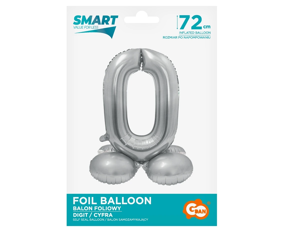 Balon foliowy Smart, Cyfra stojąca 0, srebrna, 72 cm KK