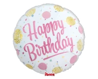 Balon Ibrex Hel, okrągły 14", Happy Birthday Gold&Pink Dots, packed