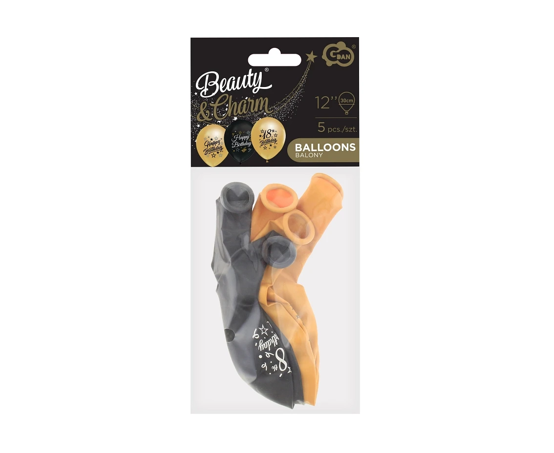 Balony B&C 12",  18. urodziny, złote i czarne, 5szt.