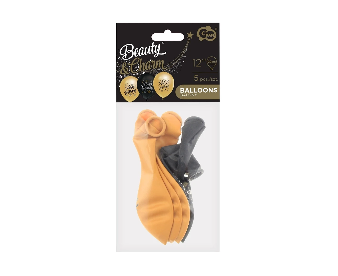 Balony B&C 12", 40. urodziny, złote i czarne, 5szt.