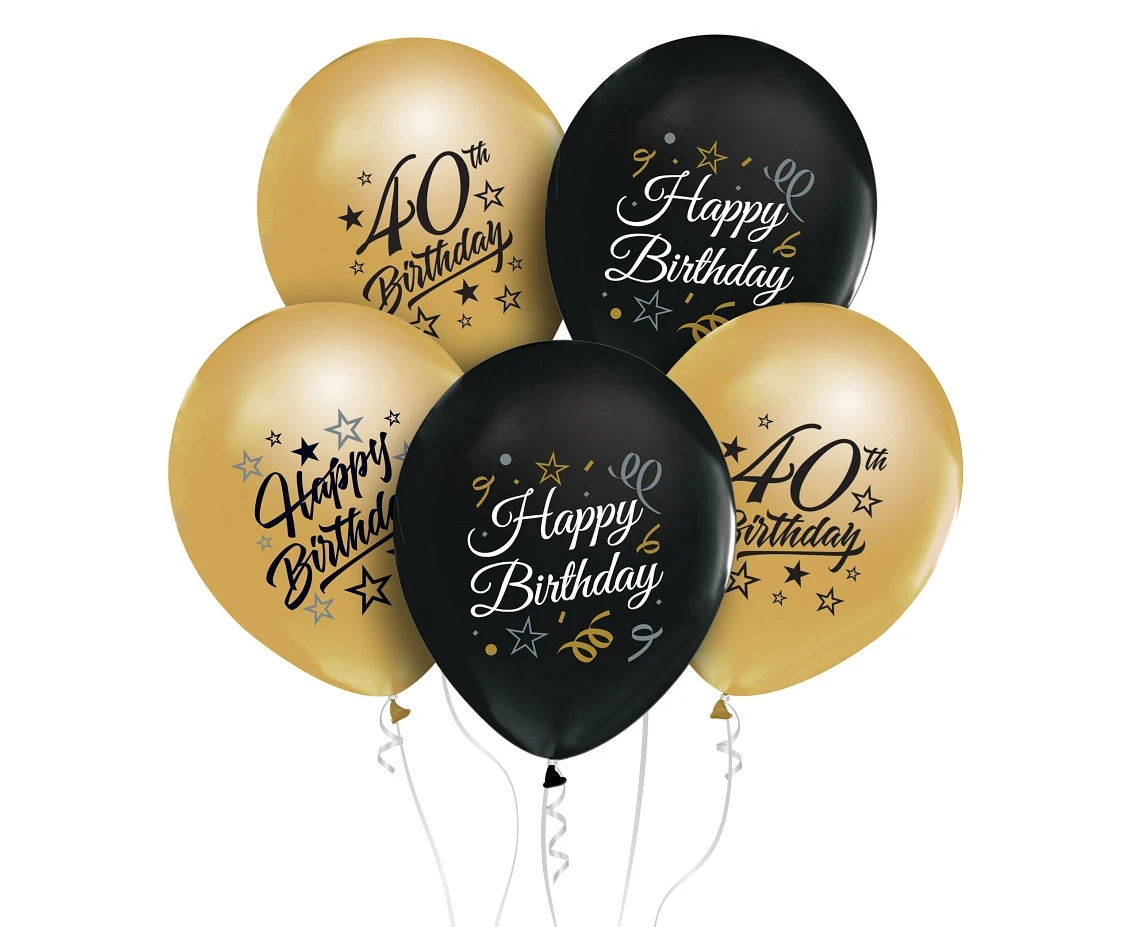 Balony B&C 12", 40. urodziny, złote i czarne, 5szt.