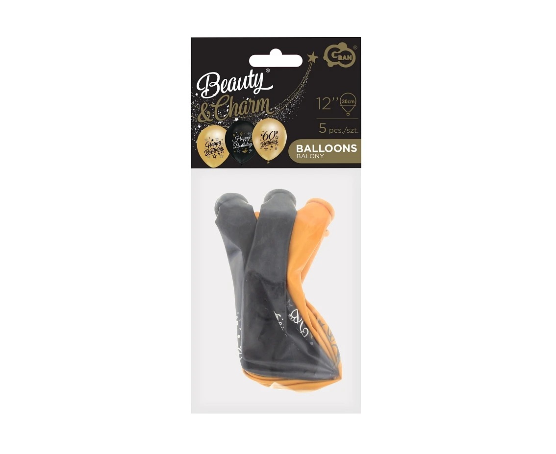 Balony B&C 12",  60. urodziny, złote i czarne, 5szt.