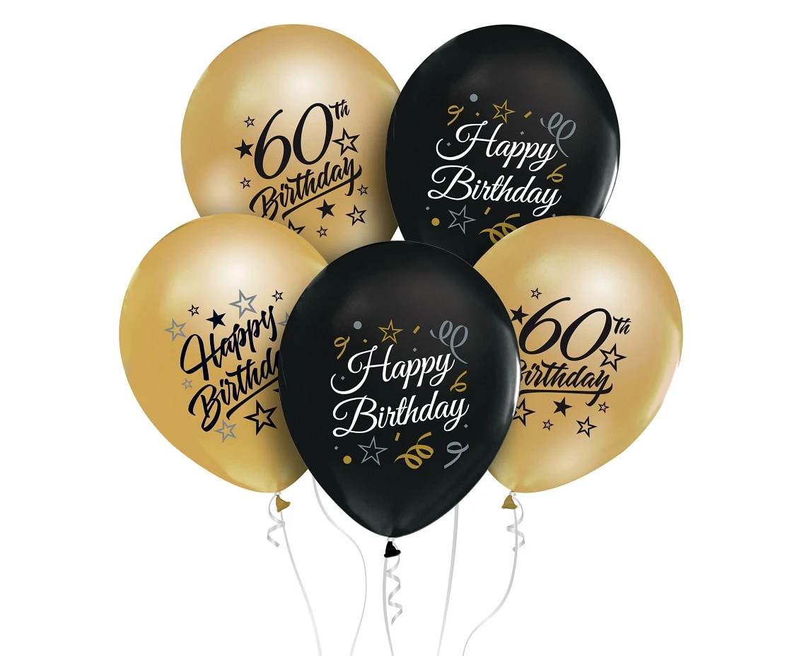 Balony B&C 12",  60. urodziny, złote i czarne, 5szt.