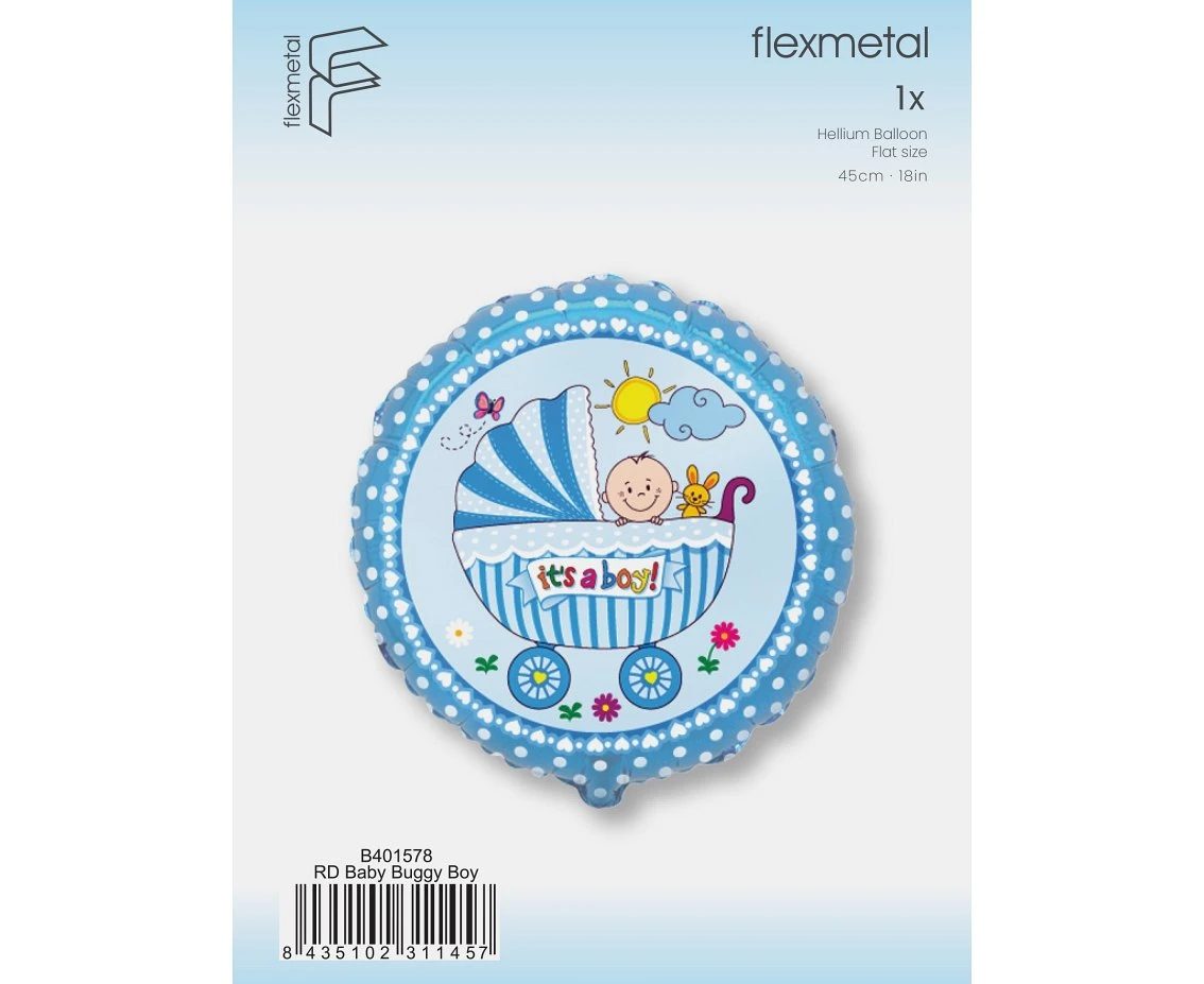 Balon foliowy 18" FX - Wózek dla chłopca, niebieski, pakowany