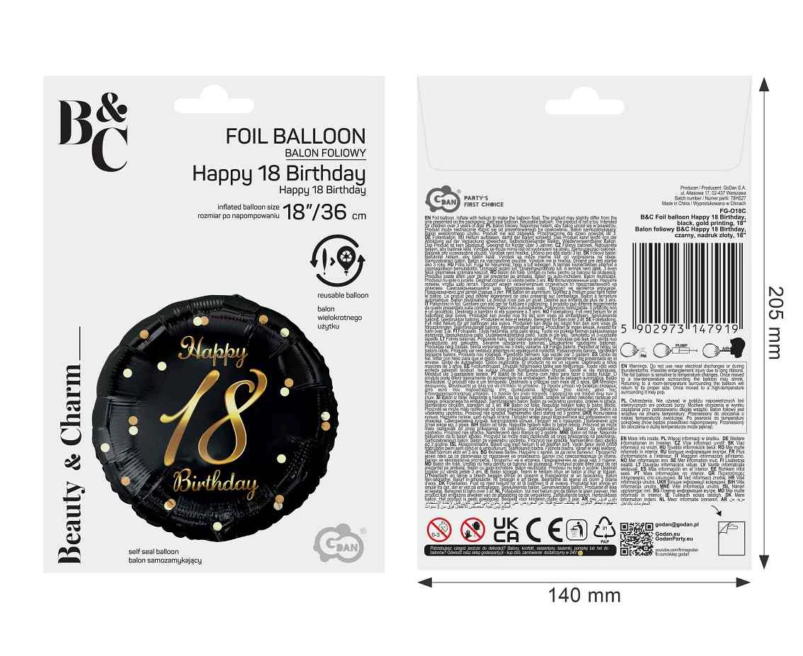 Balon foliowy B&C Happy 18 Birthday, czarny, nadruk złoty, 18 cali AA