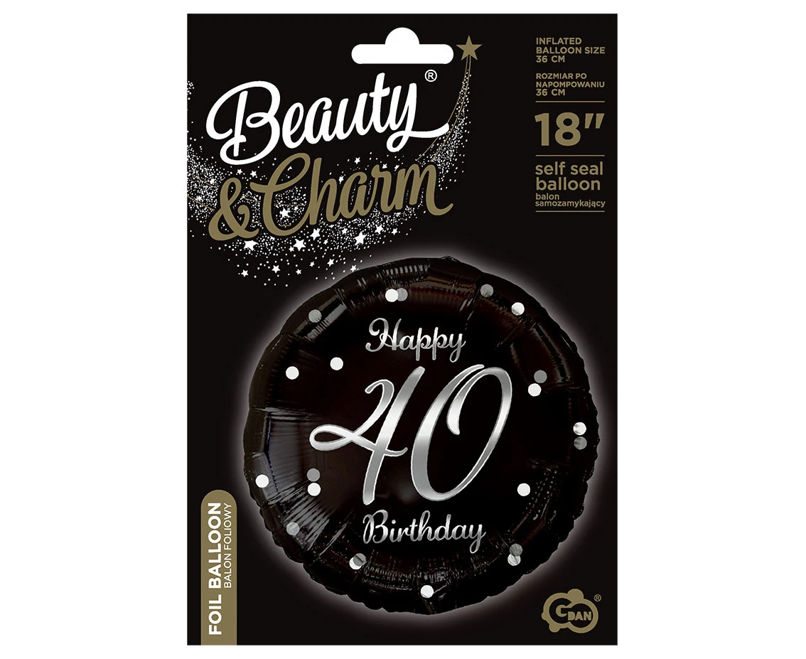 Balon foliowy B&C Happy 40 Birthday, czarny, nadruk srebrny, 18" AA