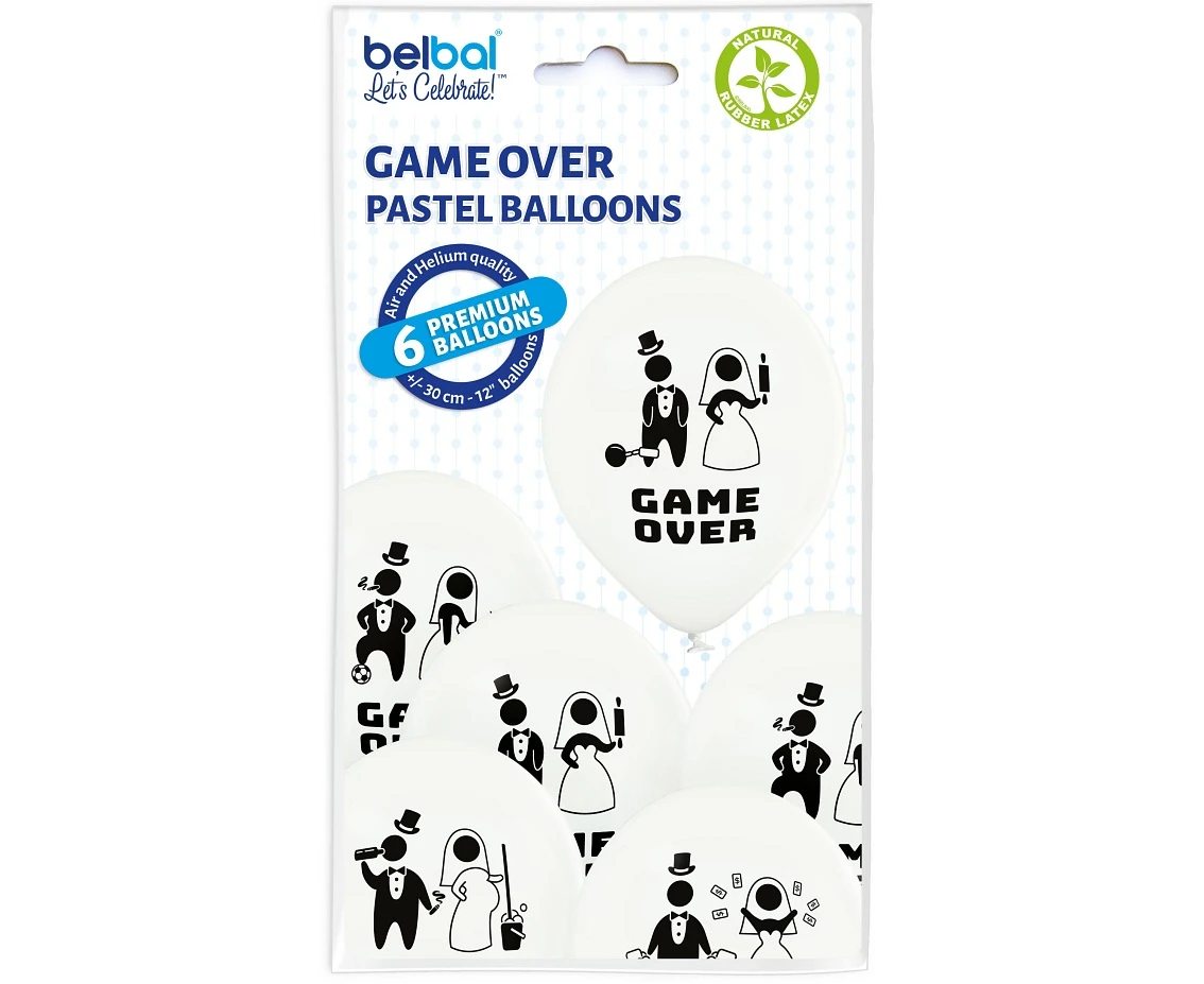 Balony Belbal 12", D11, "Game over" białe, 6szt.