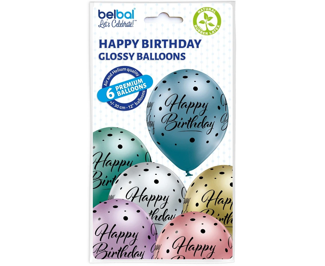 Balony Belbal 12", D11, "Happy Birthday" mix, 6szt.