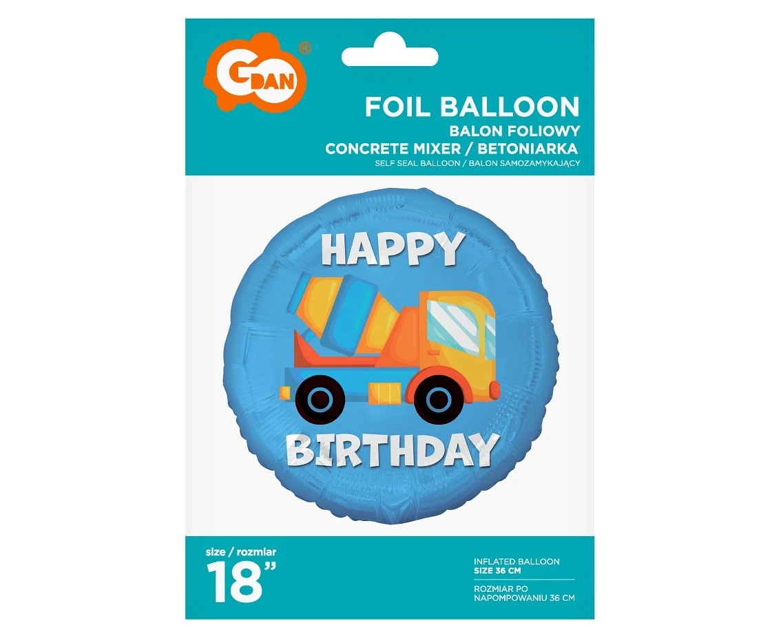 Balon foliowy Betoniarka (Happy Birthday), 18"