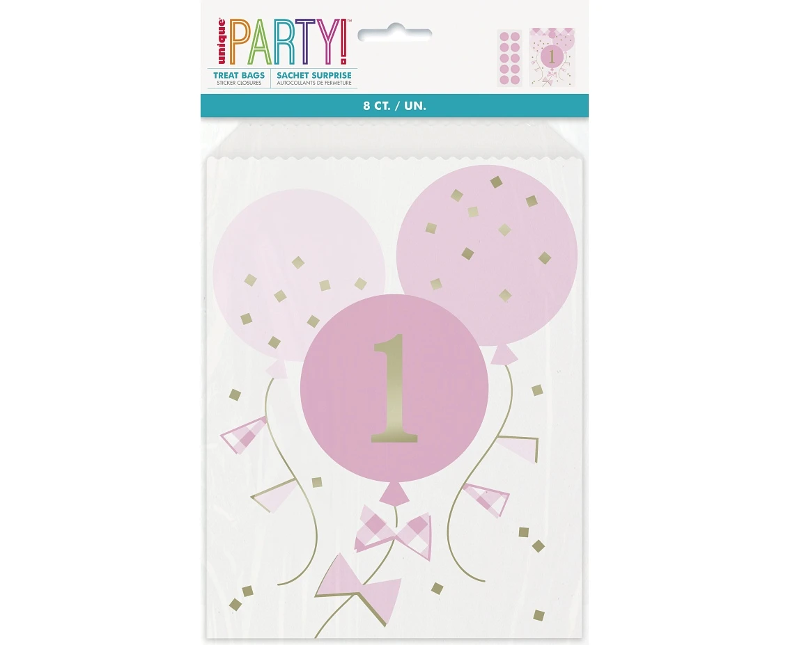Papierowe torebki Gingham 1st Birthday, różowe, 8 szt. KK
