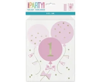 Papierowe torebki Gingham 1st Birthday, różowe, 8 szt. KK