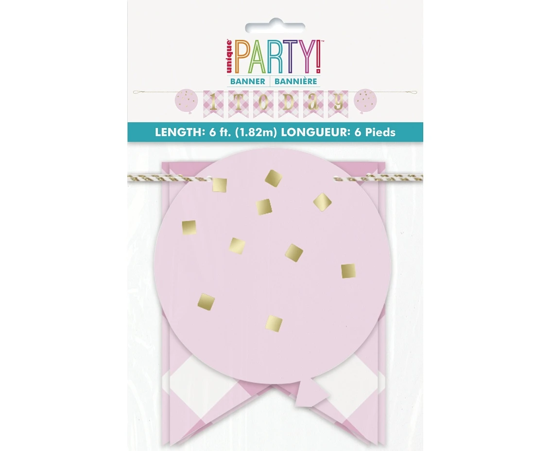Banner papierowy Gingham 1st Today Birthday, różowy, 183 cm KK