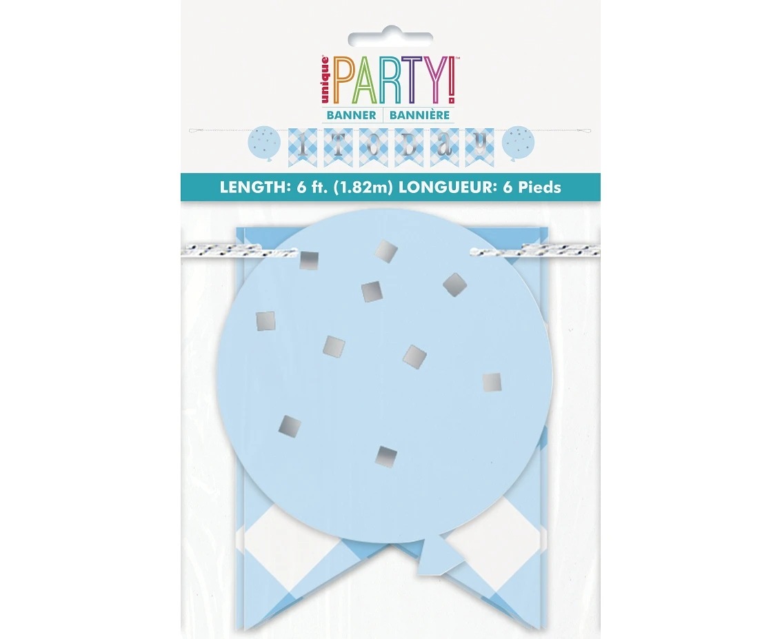 Banner papierowy Gingham 1st Birthday, niebieski, 183 cm KK