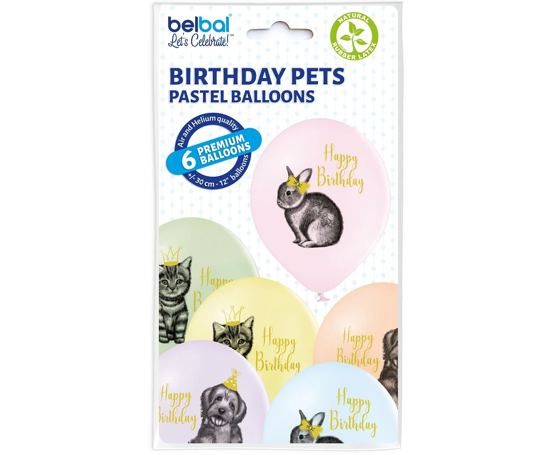 Balony Belbal 12", D11, pastel mix urodzinowe zwierzaki, 6szt.