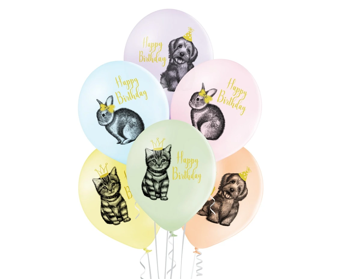 Balony Belbal 12", D11, pastel mix urodzinowe zwierzaki, 6szt.
