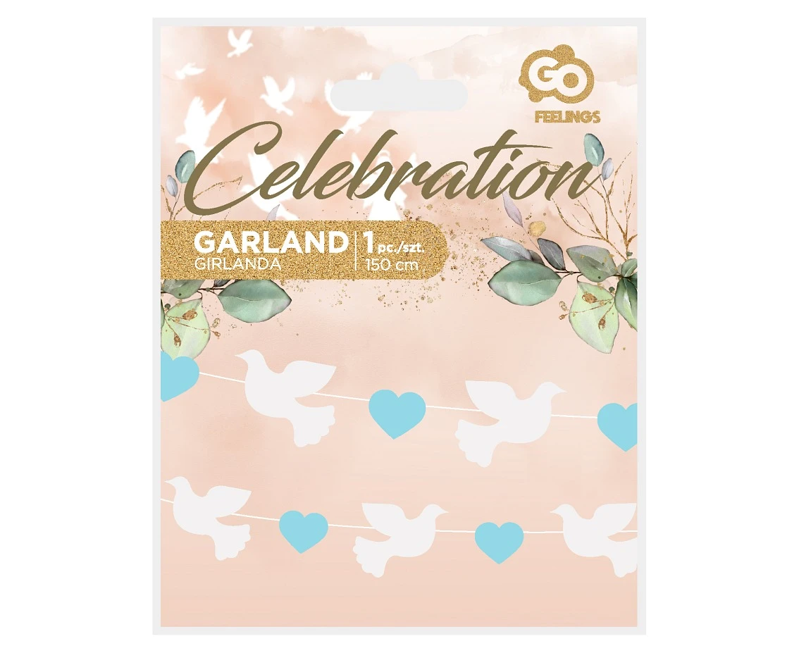 Girlanda papierowa Gołąbki (10x8 cm), niebieskie serduszka (5x4 cm), 150 cm KK