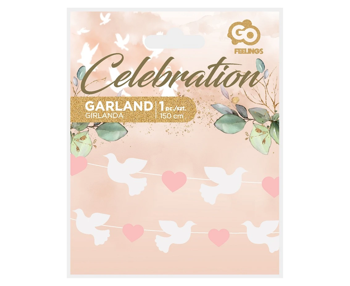 Girlanda papierowa Gołąbki (10x8 cm), różowe serduszka (5x4 cm), 150 cm