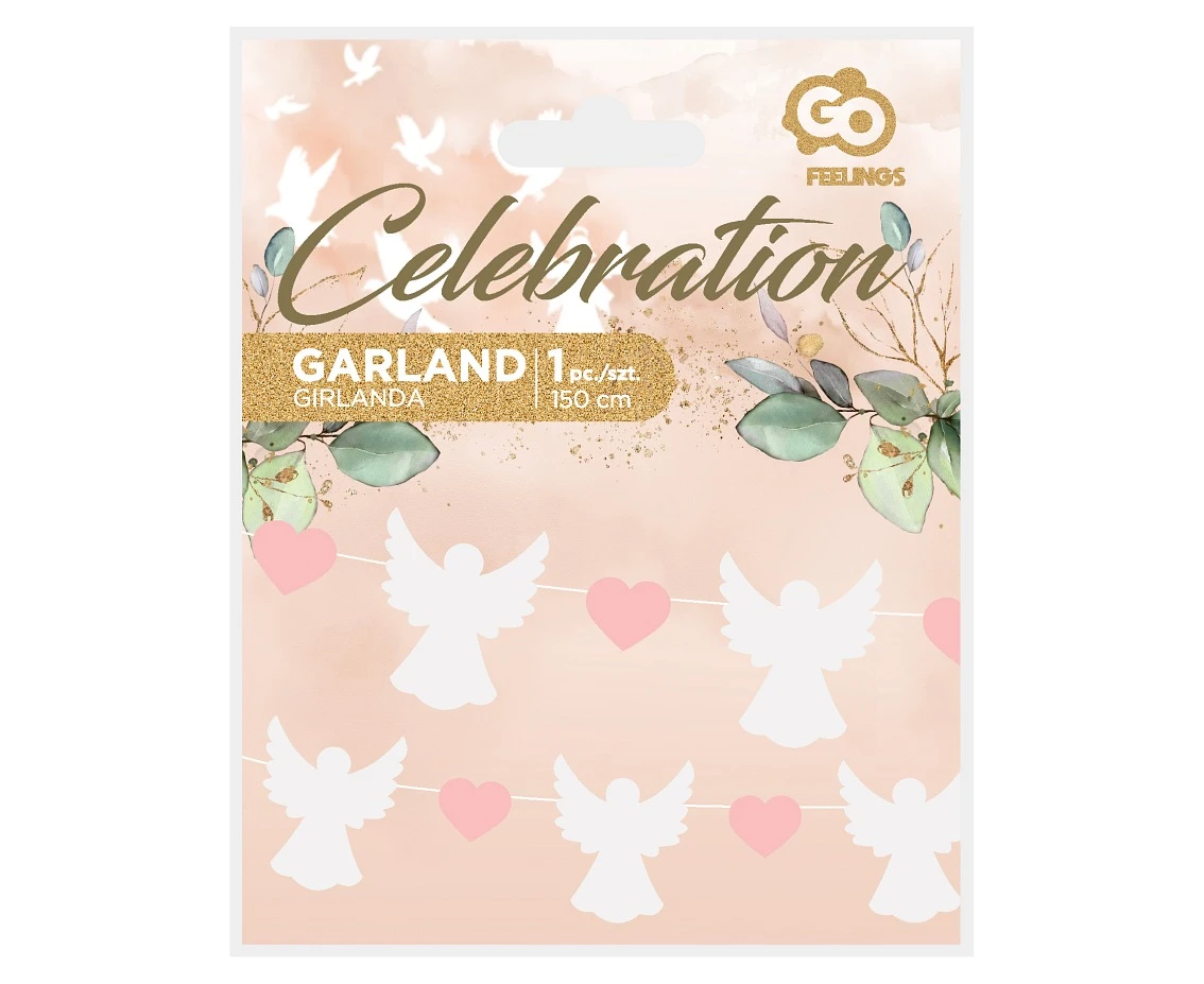 Girlanda papierowa Aniołki (10x12 cm), różowe serduszka (5x4 cm), 150 cm