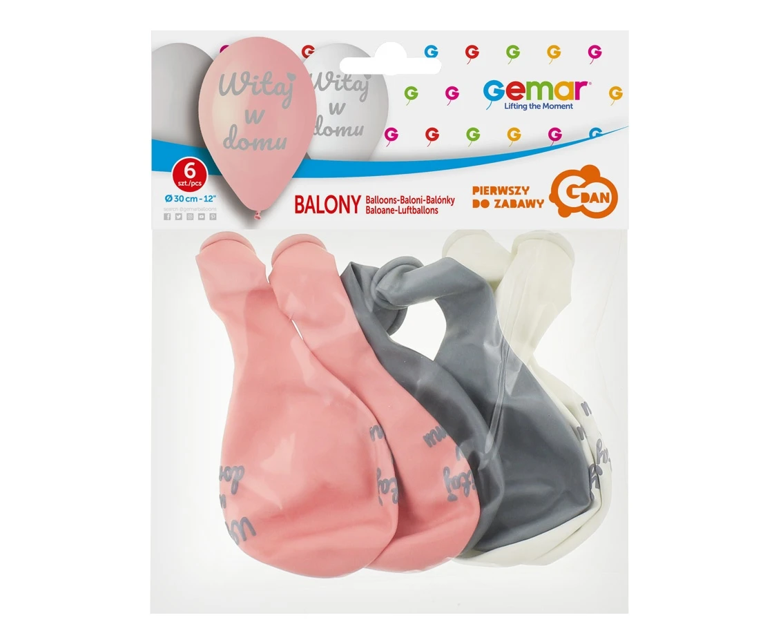 Balony Gemar 12", pastel premium "Witaj w domu", różowe, 6szt.