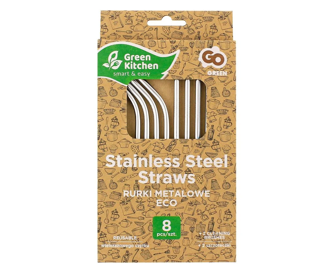 Rurki metalowe, srebrne, 4 proste, 4 zagięte i 2 szczoteczki KK