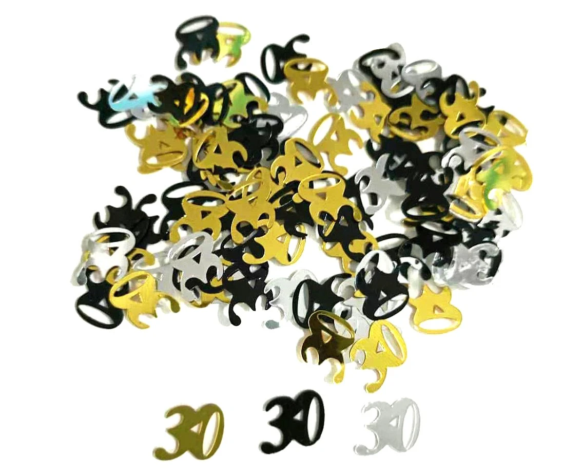 Konfetti foliowe B&C cyferka 30, 18g, miks czarno-srebrno-złoty KK
