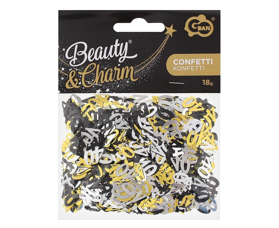 Konfetti foliowe B&C cyferka 40, 18g, miks czarno-srebrno-złoty KK