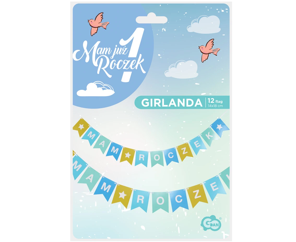 Girlanda papierowa Mam roczek, dla chłopca, flagi, 14x18 cm