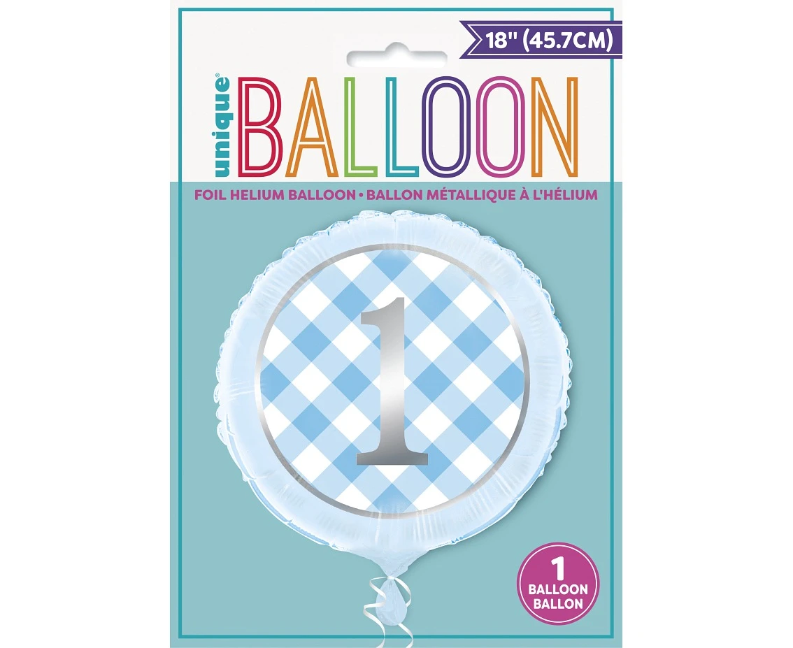 Balon foliowy 18" Gingham niebieski, zapakowany KK