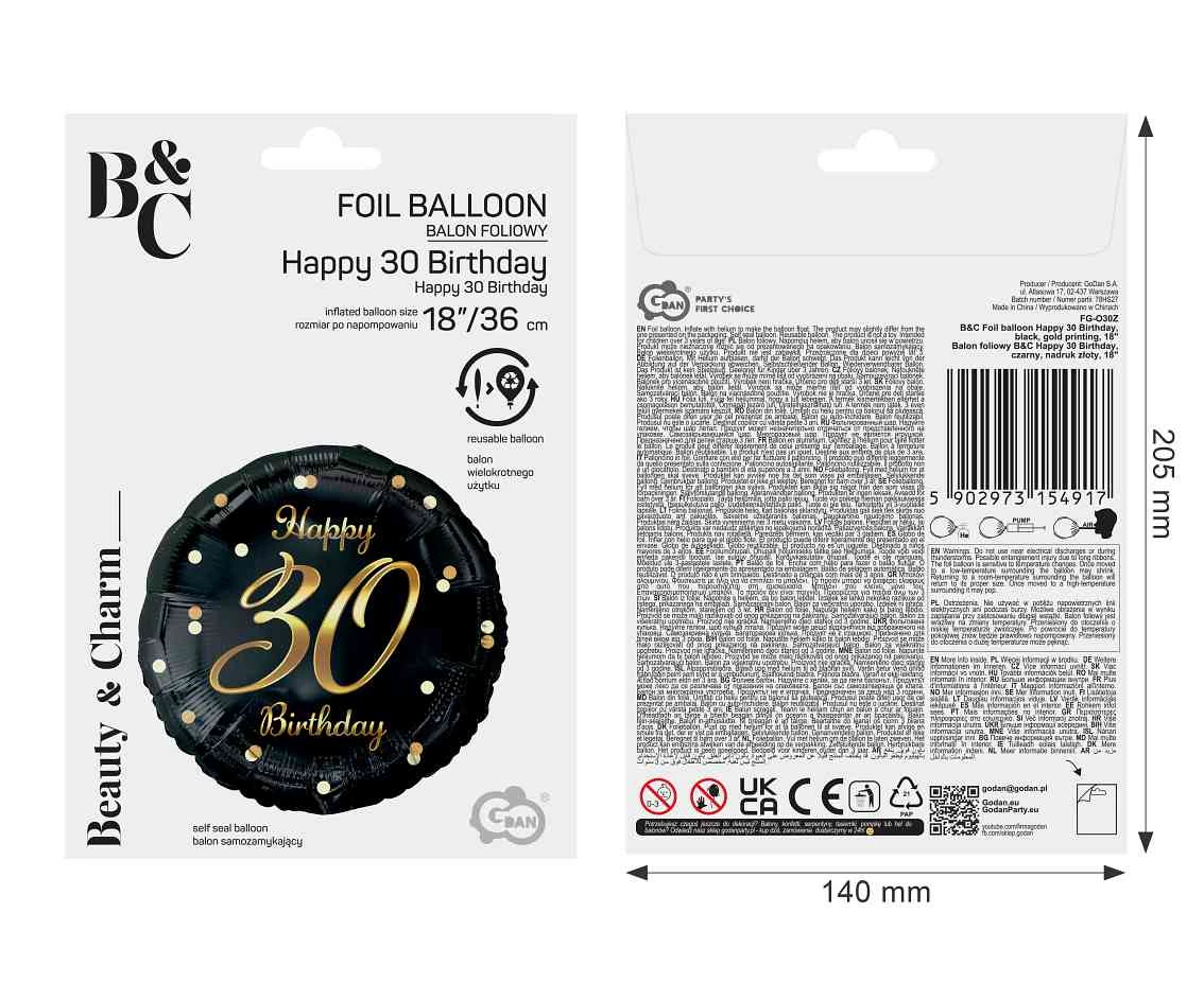 Balon foliowy B&C Happy 30 Birthday, czarny, nadruk złoty, 18 cali AA