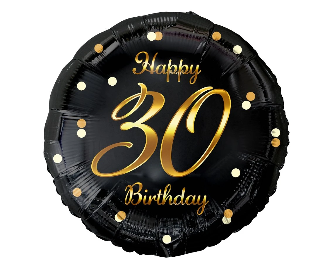 Balon foliowy B&C Happy 30 Birthday, czarny, nadruk złoty, 18 cali AA