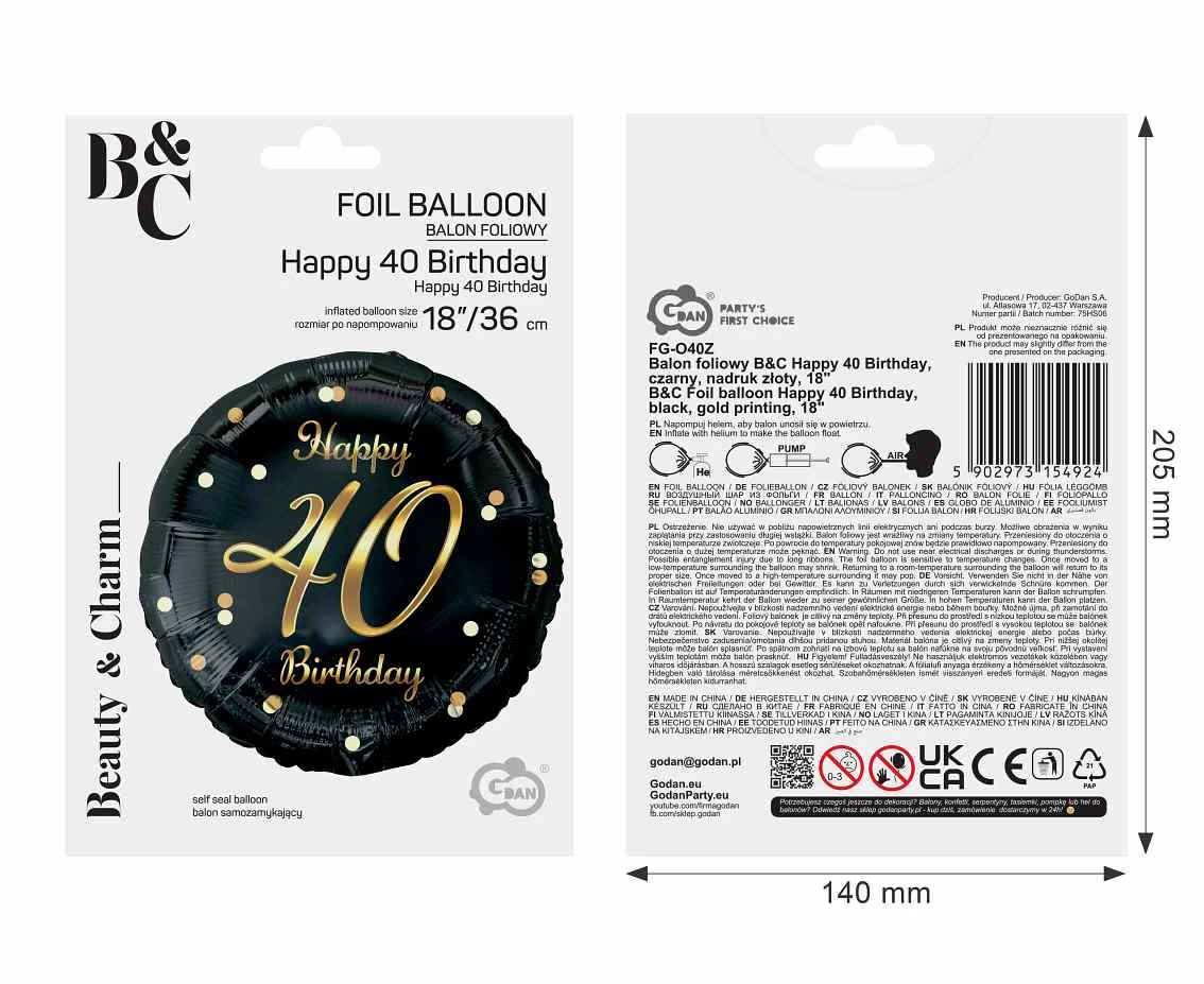 Balon foliowy B&C Happy 40 Birthday, czarny, nadruk złoty, 18 cali AA