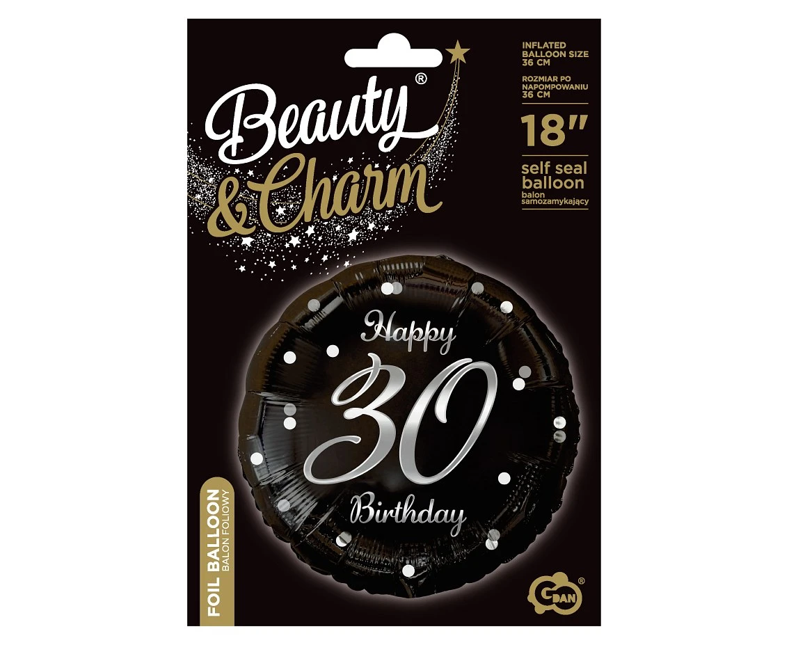 Balon foliowy B&C Happy 30 Birthday, czarny, nadruk srebrny, 18" AA