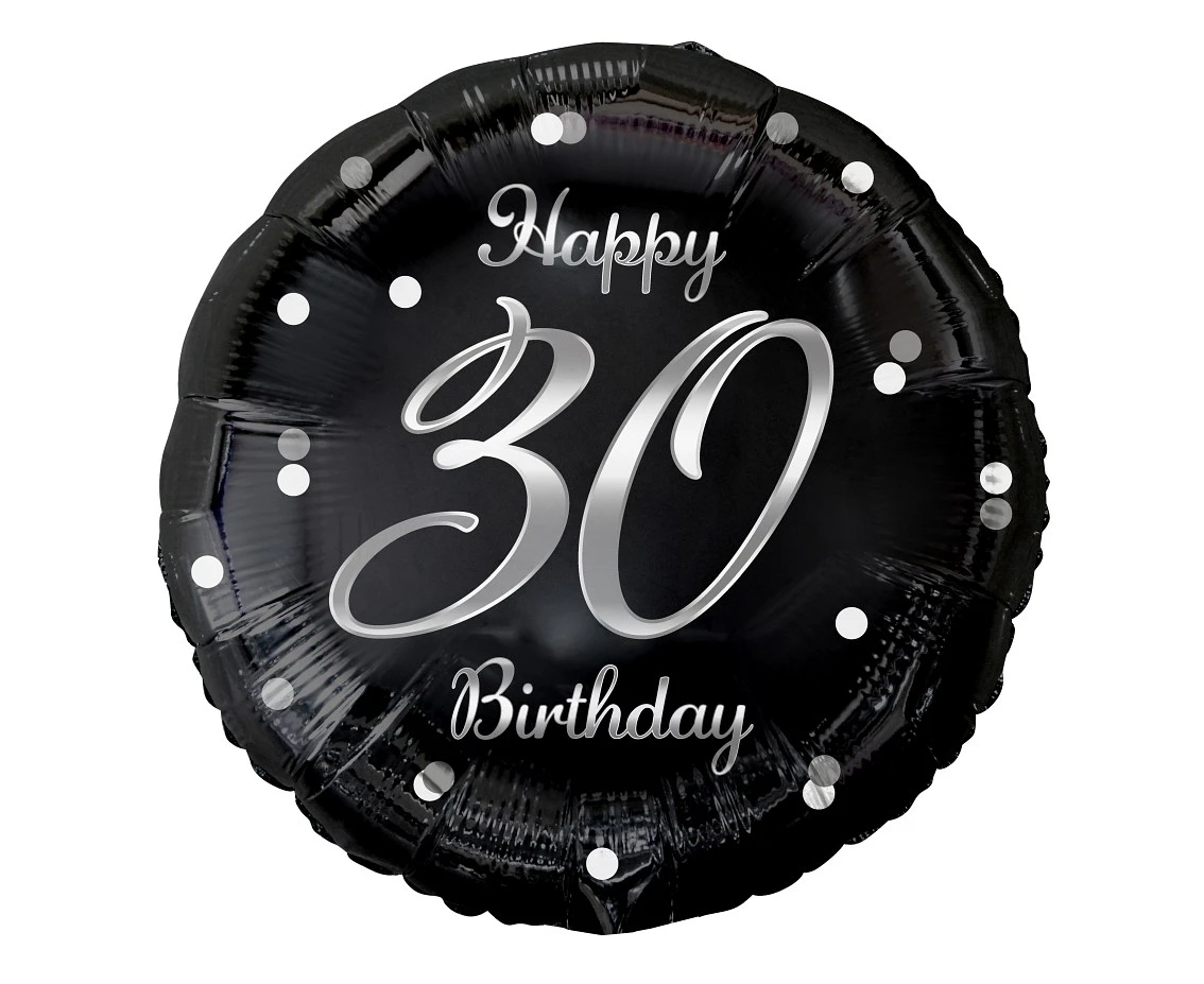 Balon foliowy B&C Happy 30 Birthday, czarny, nadruk srebrny, 18" AA
