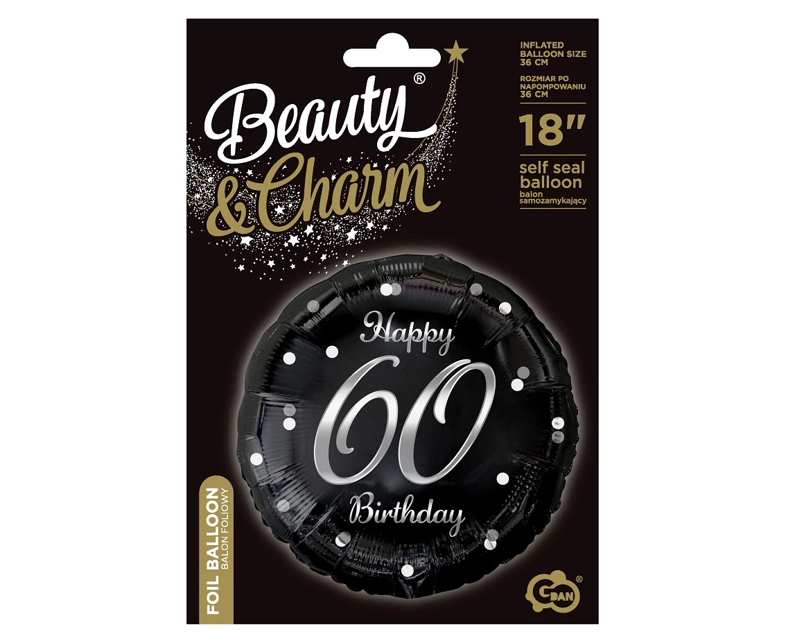 Balon foliowy B&C Happy 60 Birthday, czarny, nadruk srebrny, 18" KK