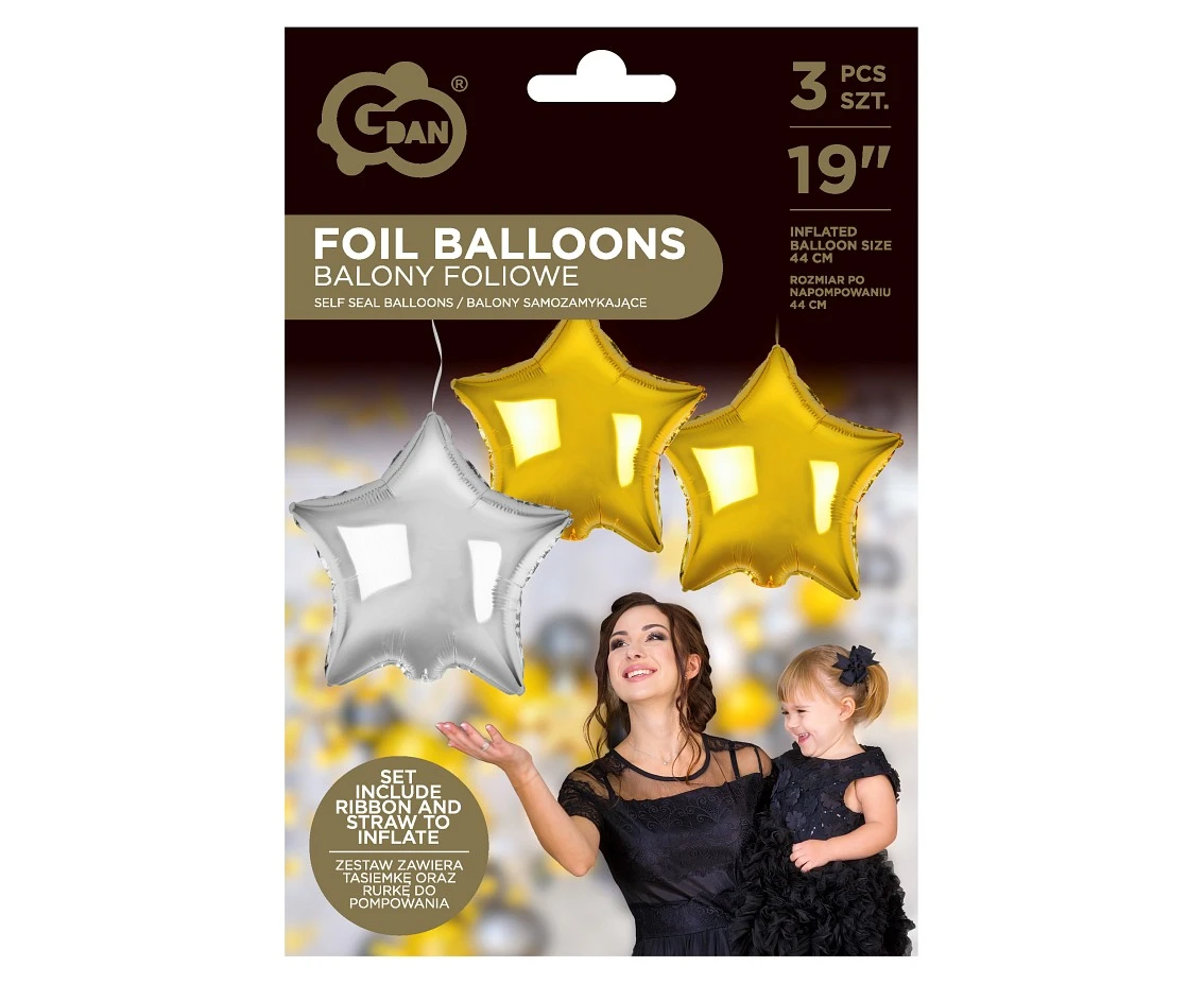 Balony foliowe B&C Gwiazdy złote i srebrne 19", 3 szt.