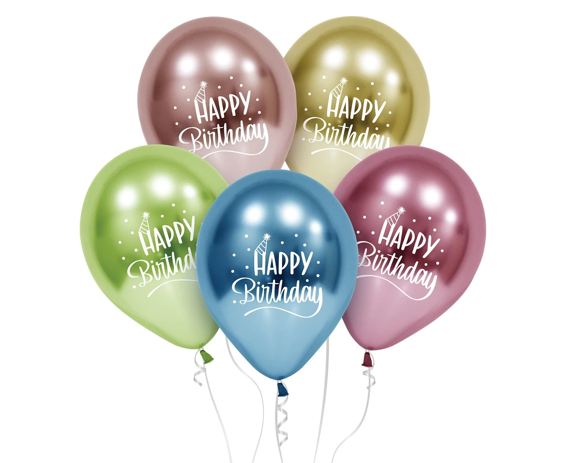 Balony B&C 12", "Happy Birthday" platyna, 5szt.