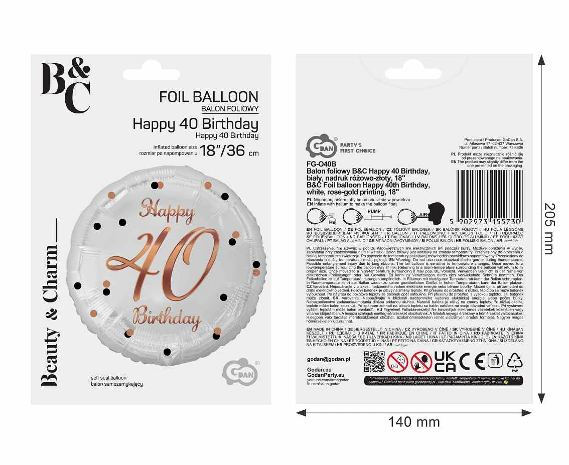 Balon foliowy B&C Happy 40 Birthday, biały, nadruk różowo-złoty, 18 cali AA