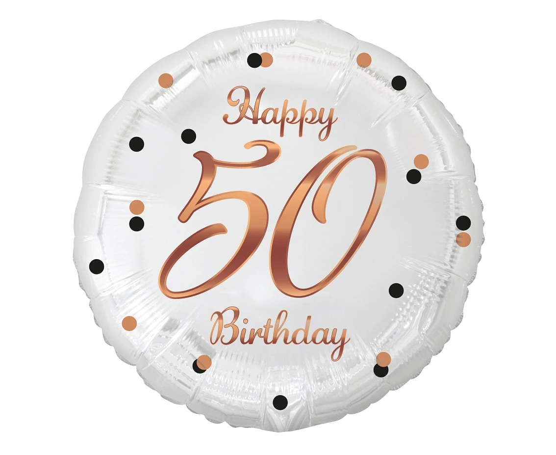 Balon foliowy B&C Happy 50 Birthday, biały, nadruk różowo-złoty, 18 cali AA