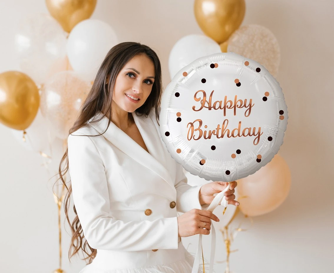 Balon foliowy B&C Happy Birthday, biały, nadruk różowo-złoty, 18 cali AA