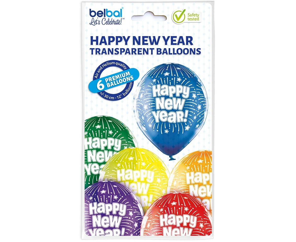 Balony Belbal 12", D11, "Happy New Year" mix, 6szt.