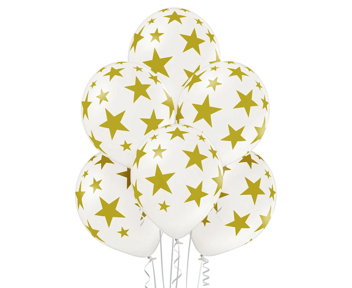 Balony Belbal 12", D11, złote gwiazdki biały balon, 6szt.
