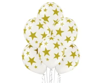 Balony Belbal 12", D11, złote gwiazdki biały balon, 6szt.