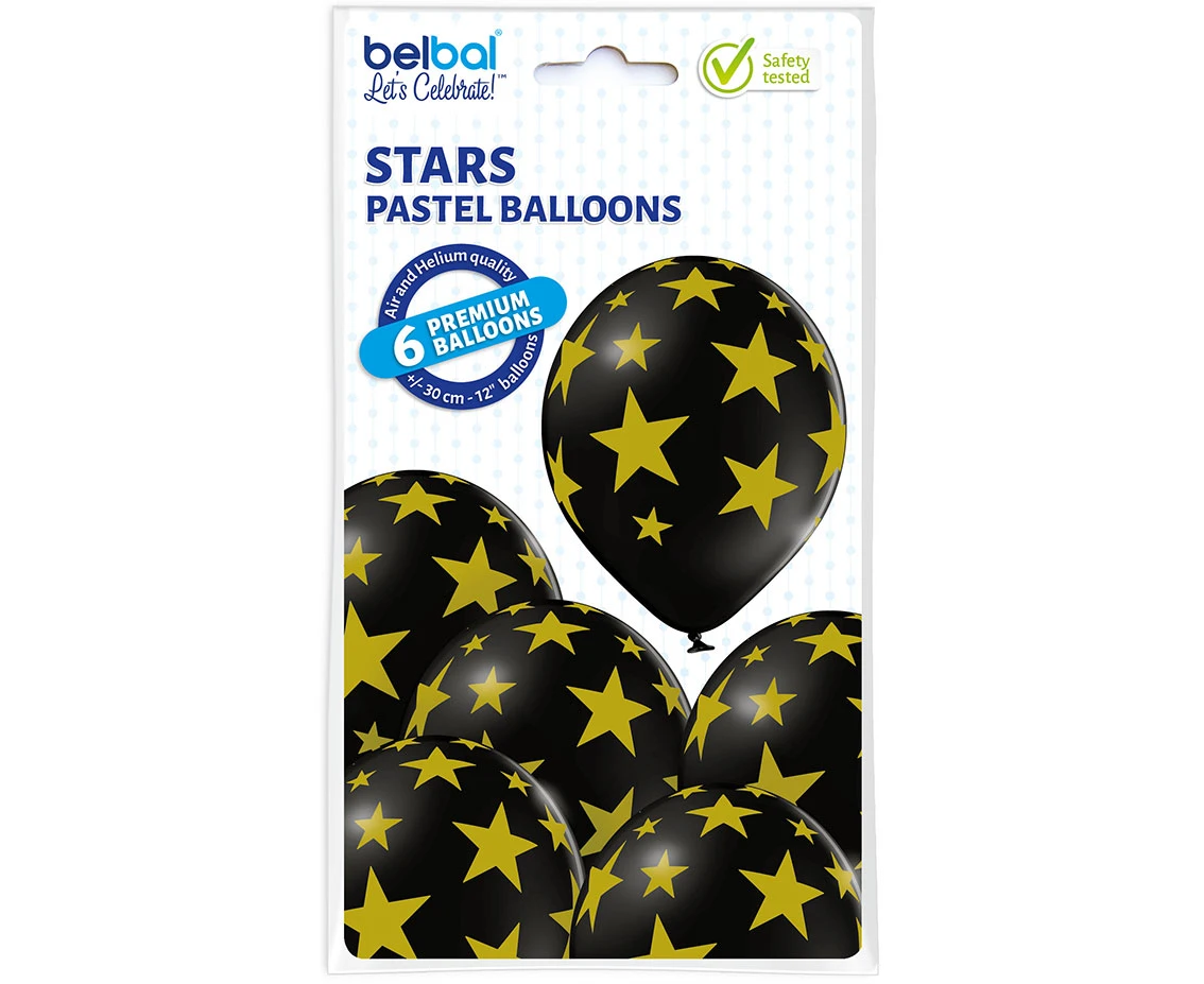 Balony Belbal 12", D11, złote gwiazdki czarny balon, 6szt. KK